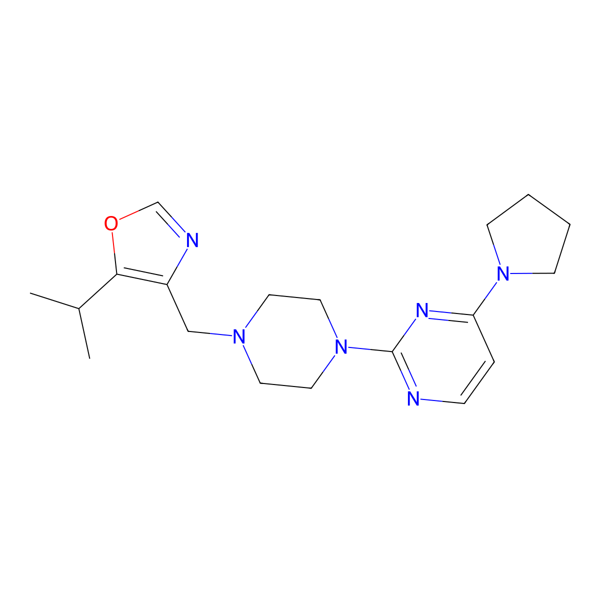 2-(4-{[5-(Propan-2-yl)-1,3-oxazol-4-yl]methyl}piperazin-1-yl)-4-(pyrrolidin-1-yl)pyrimidine molecular structure, CAS 2770618-71-6