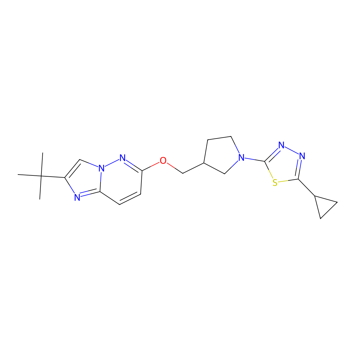 2-{3-[({2-Tert-butylimidazo[1,2-b]pyridazin-6-yl}oxy)methyl]pyrrolidin-1-yl}-5-cyclopropyl-1,3,4-thiadiazole molecular structure, CAS 2770618-77-2