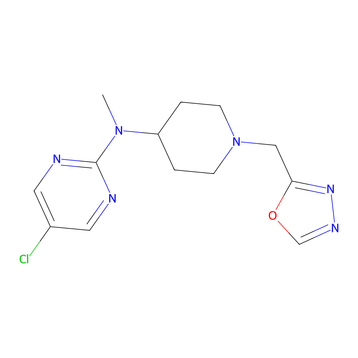 5-chloro-N-methyl-N-{1-[(1,3,4-oxadiazol-2-yl)methyl]piperidin-4-yl}pyrimidin-2-amine molecular structure, CAS 2770618-82-9