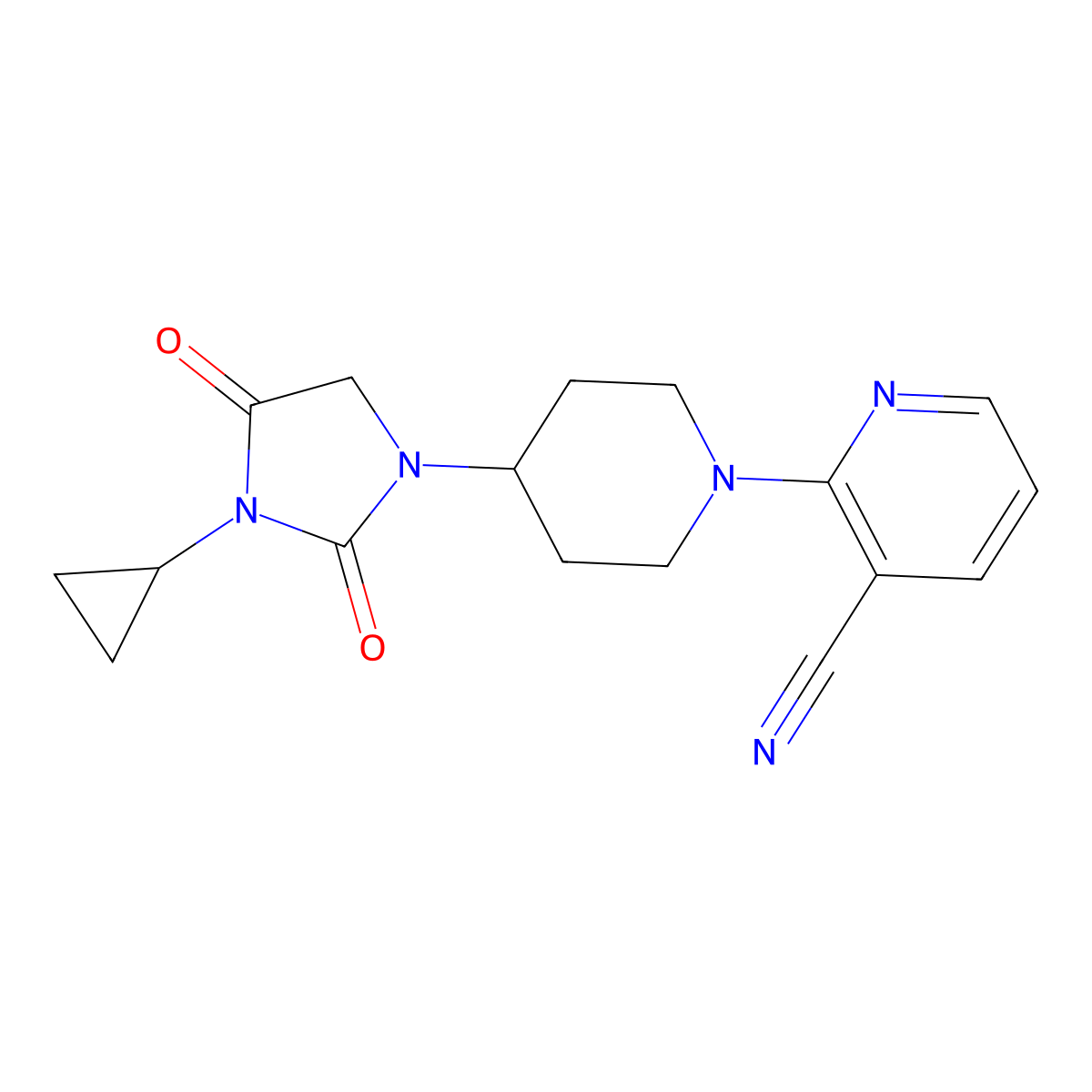 2-[4-(3-Cyclopropyl-2,4-dioxoimidazolidin-1-yl)piperidin-1-yl]pyridine-3-carbonitrile molecular structure, CAS 2770618-92-1
