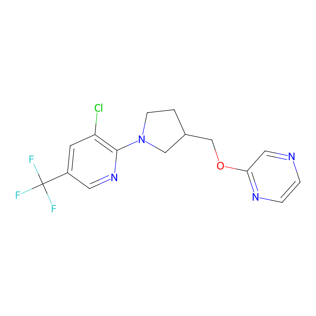 2-({1-[3-Chloro-5-(trifluoromethyl)pyridin-2-yl]pyrrolidin-3-yl}methoxy)pyrazine molecular structure, CAS 2770619-06-0