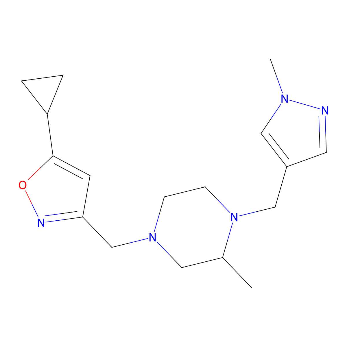 4-[(5-cyclopropyl-1,2-oxazol-3-yl)methyl]-2-methyl-1-[(1-methyl-1H-pyrazol-4-yl)methyl]piperazine molecular structure, CAS 2770619-10-6