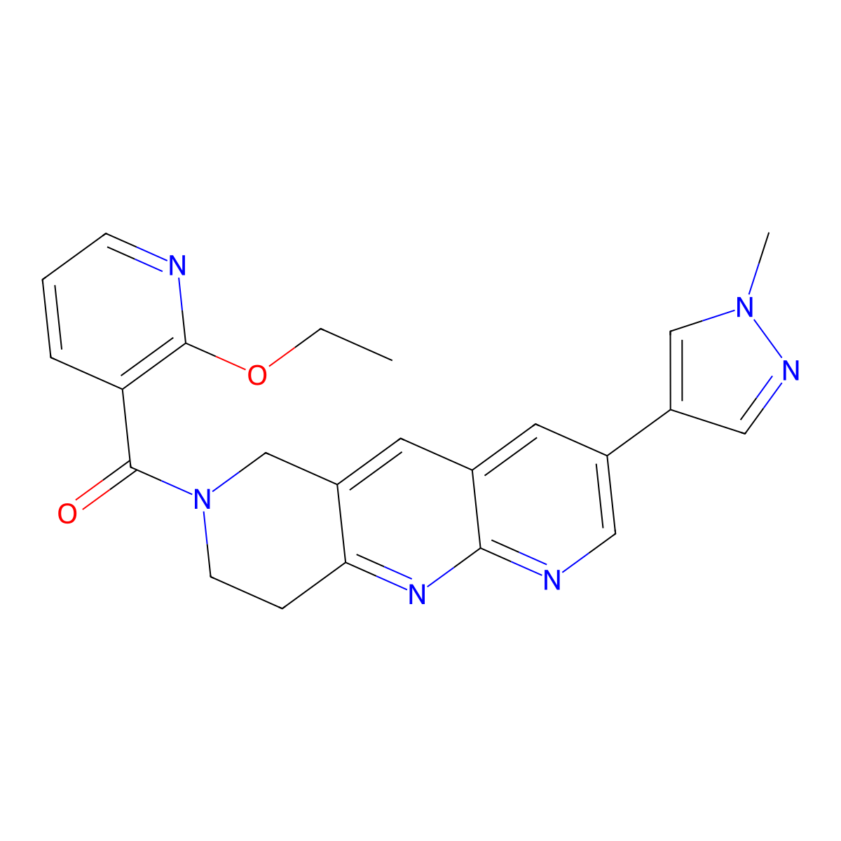 2-ethoxy-3-[3-(1-methyl-1H-pyrazol-4-yl)-6H,7H,8H,9H-pyrido[2,3-b]1,6-naphthyridine-7-carbonyl]pyridine molecular structure, CAS 2770619-28-6