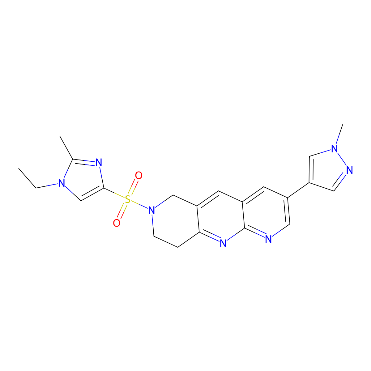 4-{7-[(1-ethyl-2-methyl-1H-imidazol-4-yl)sulfonyl]-6H,7H,8H,9H-pyrido[2,3-b]1,6-naphthyridin-3-yl}-1-methyl-1H-pyrazole molecular structure, CAS 2770619-31-1