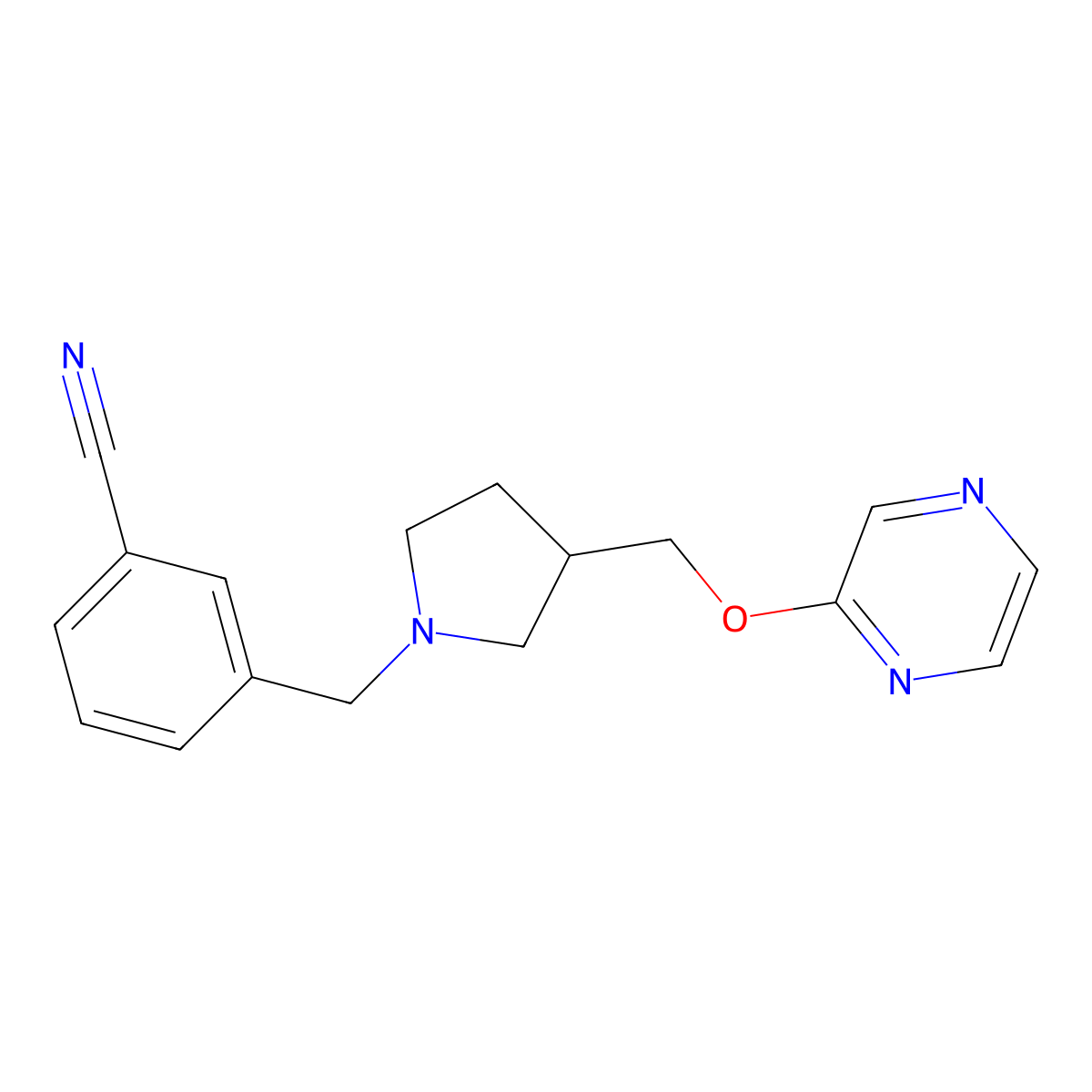 3-({3-[(Pyrazin-2-yloxy)methyl]pyrrolidin-1-yl}methyl)benzonitrile molecular structure, CAS 2770619-33-3