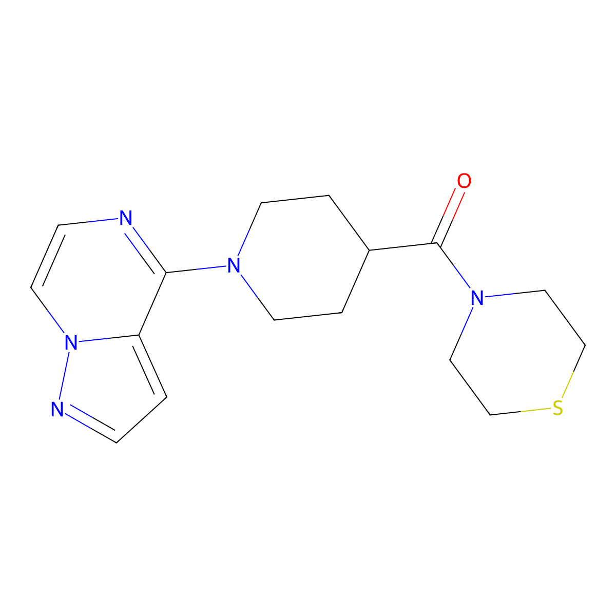 4-(1-{Pyrazolo[1,5-a]pyrazin-4-yl}piperidine-4-carbonyl)thiomorpholine molecular structure, CAS 2770619-35-5