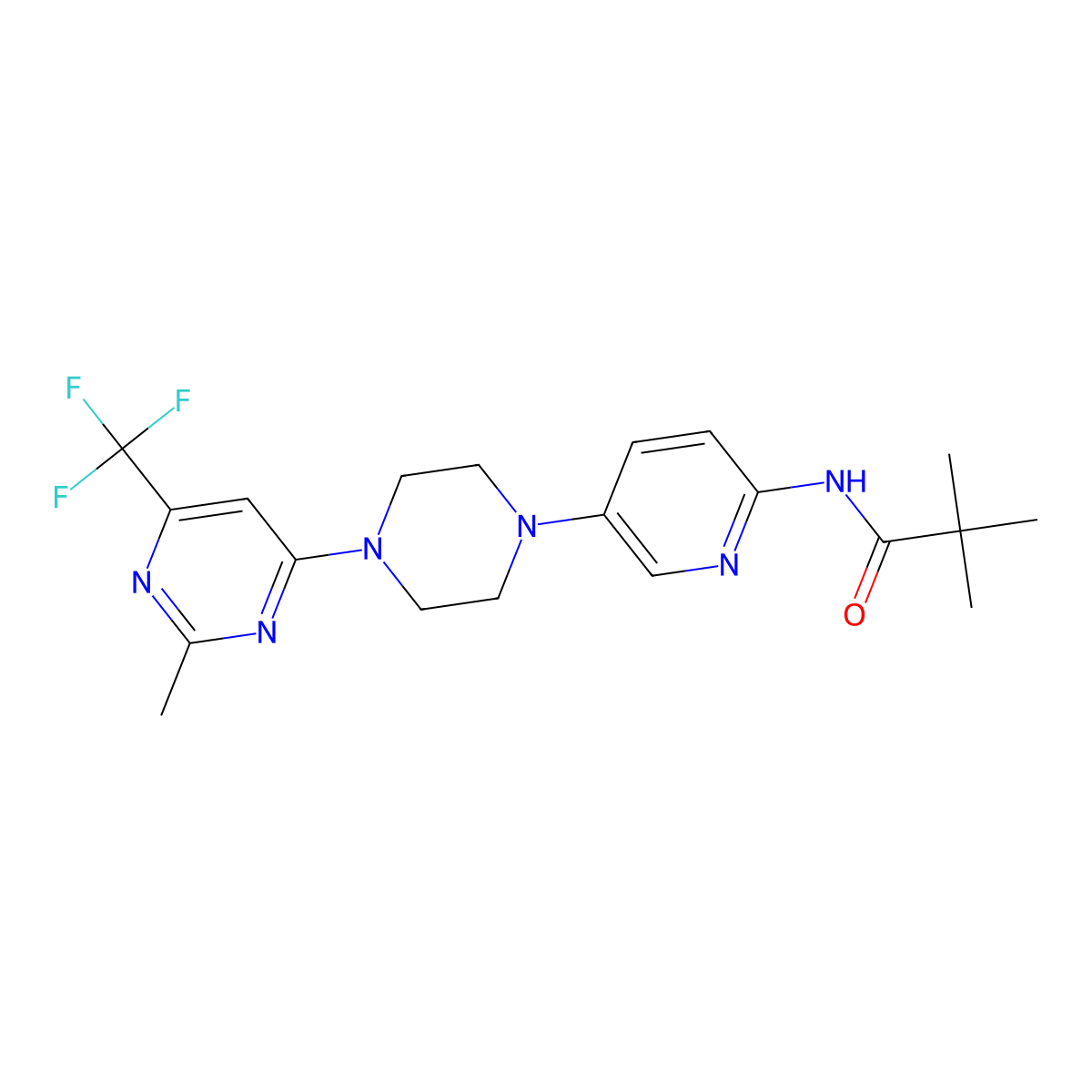 2,2-dimethyl-N-(5-{4-[2-methyl-6-(trifluoromethyl)pyrimidin-4-yl]piperazin-1-yl}pyridin-2-yl)propanamide molecular structure, CAS 2770619-38-8