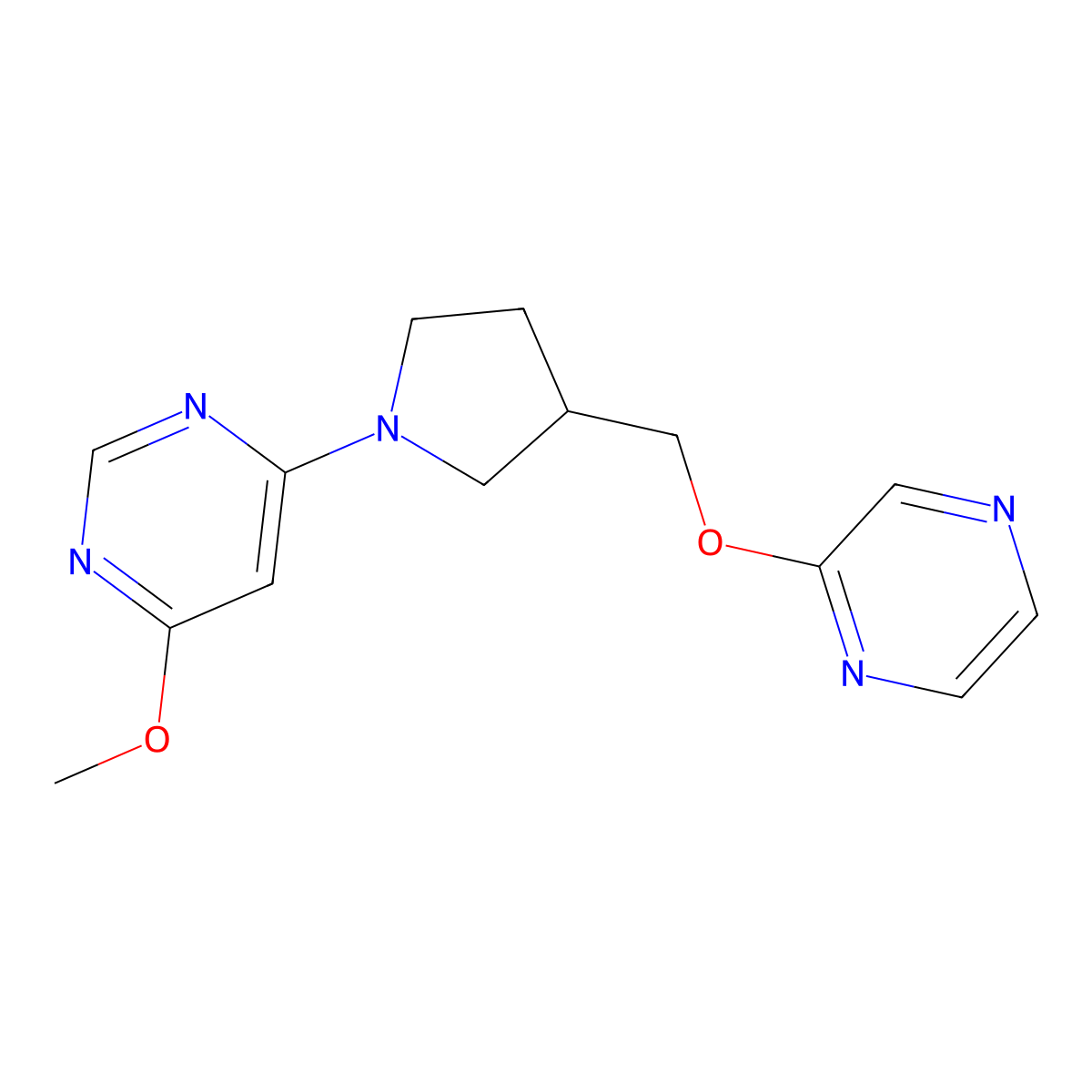 4-Methoxy-6-{3-[(pyrazin-2-yloxy)methyl]pyrrolidin-1-yl}pyrimidine molecular structure, CAS 2770619-44-6