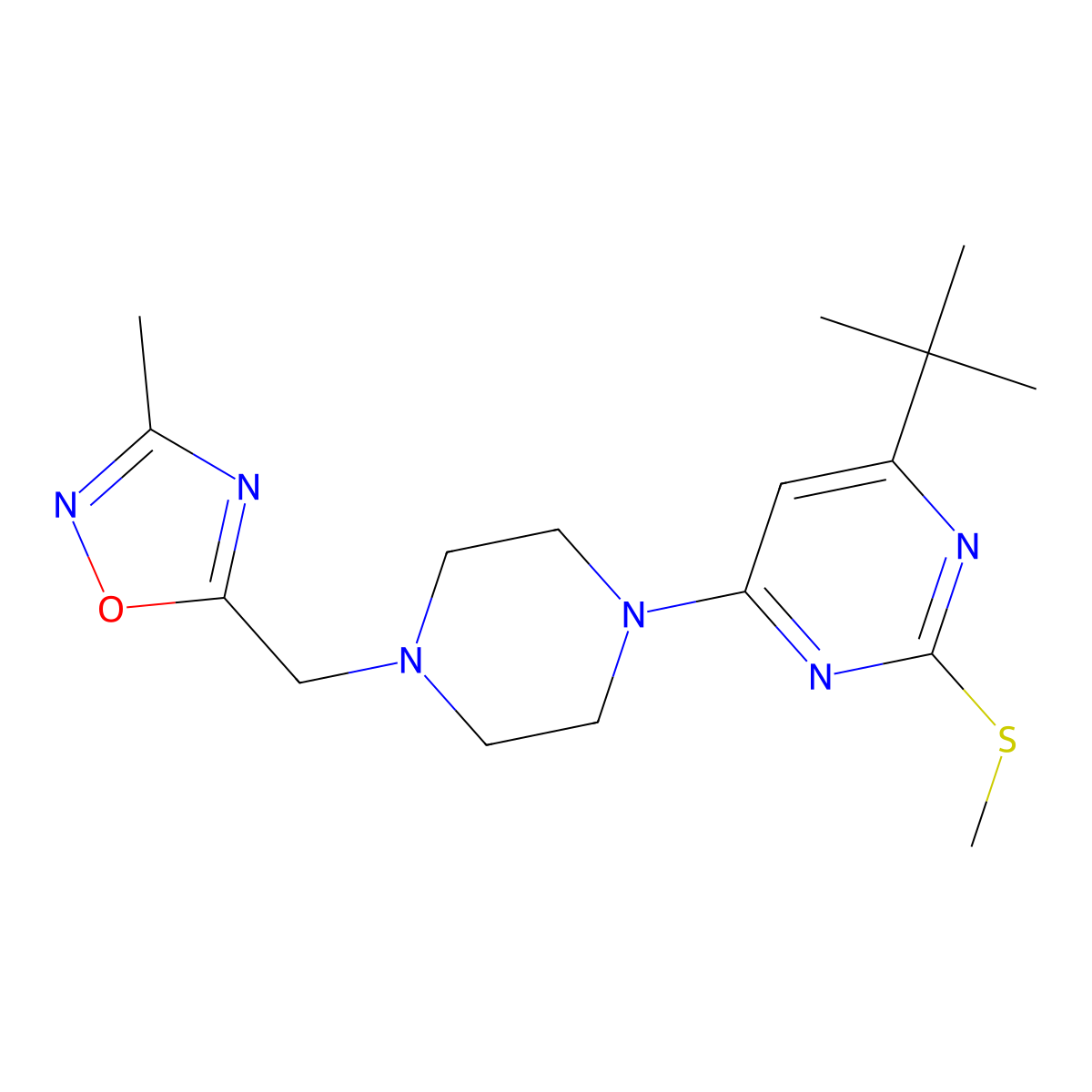 4-Tert-butyl-6-{4-[(3-methyl-1,2,4-oxadiazol-5-yl)methyl]piperazin-1-yl}-2-(methylsulfanyl)pyrimidine molecular structure, CAS 2770619-56-0