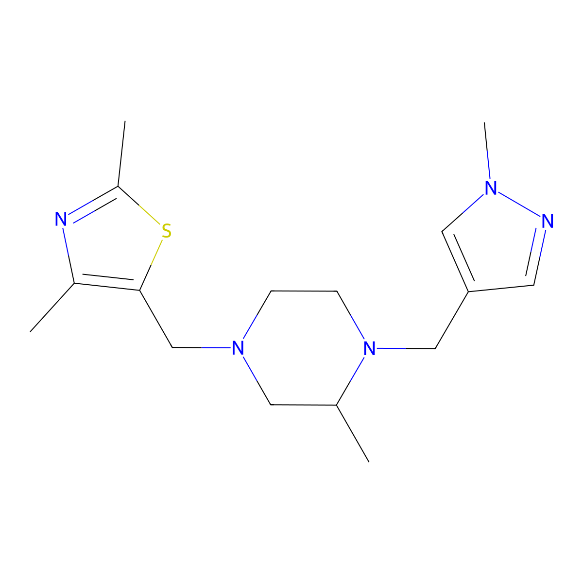 4-[(2,4-dimethyl-1,3-thiazol-5-yl)methyl]-2-methyl-1-[(1-methyl-1H-pyrazol-4-yl)methyl]piperazine molecular structure, CAS 2770619-59-3