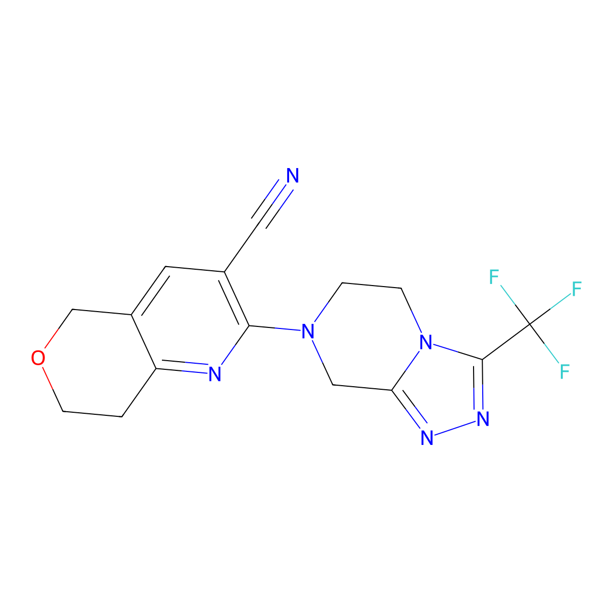 2-[3-(trifluoromethyl)-5H,6H,7H,8H-[1,2,4]triazolo[4,3-a]pyrazin-7-yl]-5H,7H,8H-pyrano[4,3-b]pyridine-3-carbonitrile molecular structure, CAS 2770619-63-9