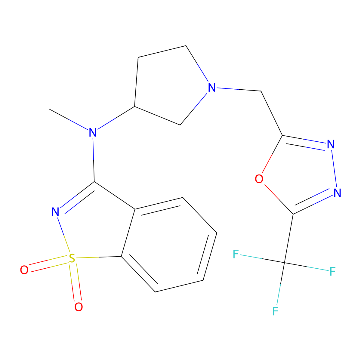 N-methyl-1,1-dioxo-N-[1-[[5-(trifluoromethyl)-1,3,4-oxadiazol-2-yl]methyl]pyrrolidin-3-yl]-1,2-benzothiazol-3-amine molecular structure, CAS 2770619-83-3