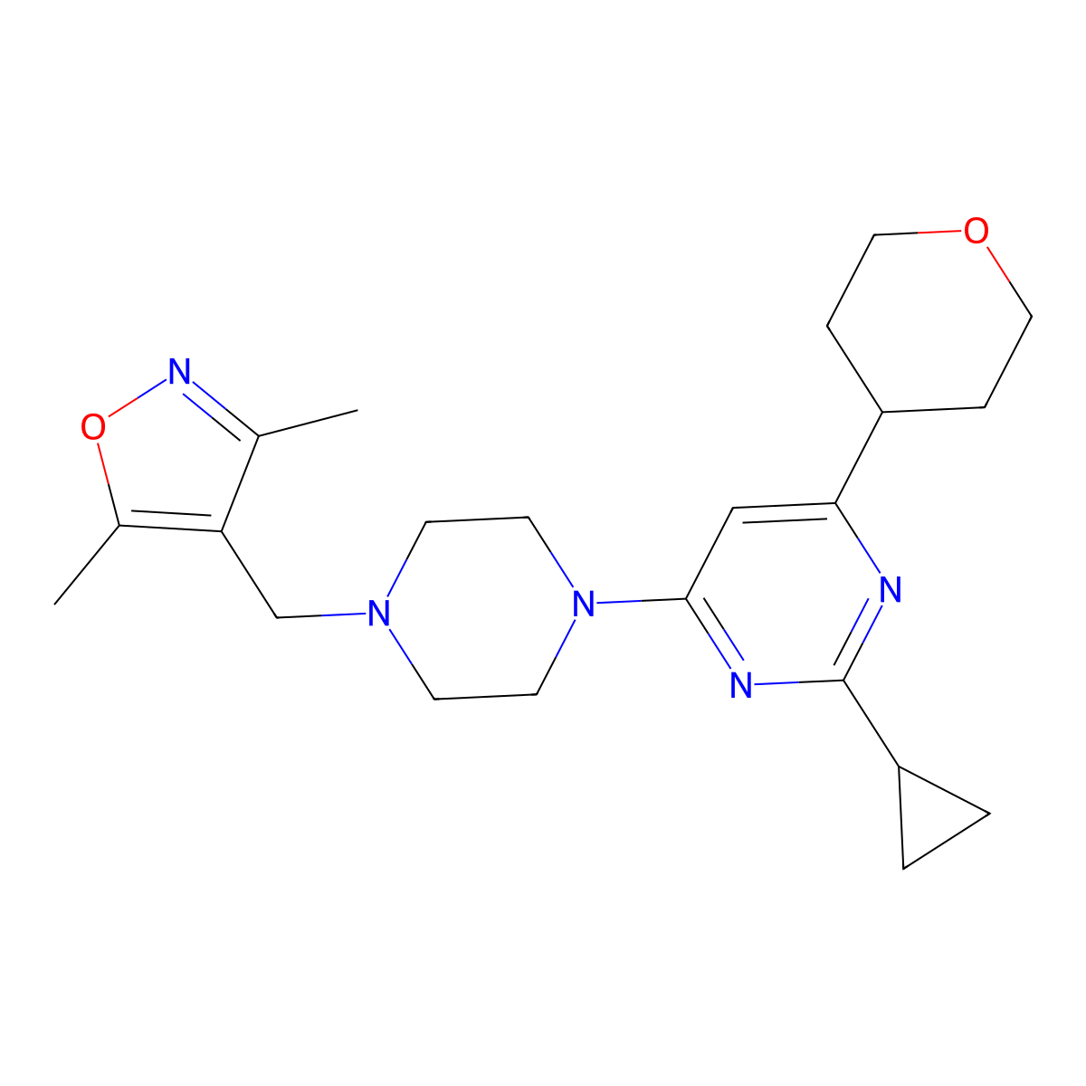 2-Cyclopropyl-4-{4-[(3,5-dimethyl-1,2-oxazol-4-yl)methyl]piperazin-1-yl}-6-(oxan-4-yl)pyrimidine molecular structure, CAS 2770619-86-6