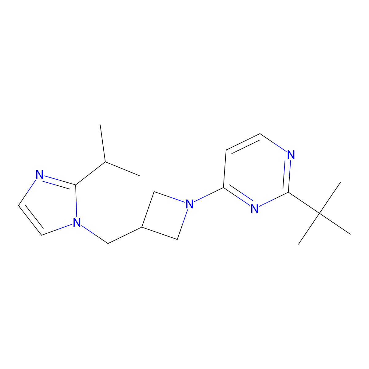2-tert-butyl-4-(3-{[2-(propan-2-yl)-1H-imidazol-1-yl]methyl}azetidin-1-yl)pyrimidine molecular structure, CAS 2770620-02-3