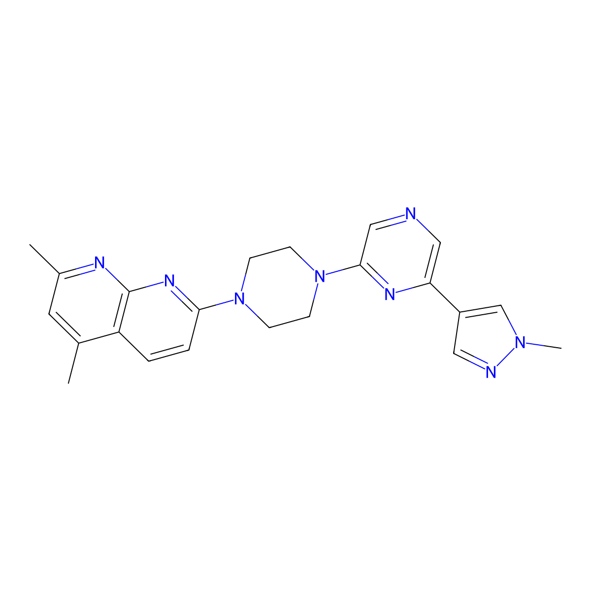 2,4-dimethyl-7-{4-[6-(1-methyl-1H-pyrazol-4-yl)pyrazin-2-yl]piperazin-1-yl}-1,8-naphthyridine molecular structure, CAS 2770620-12-5