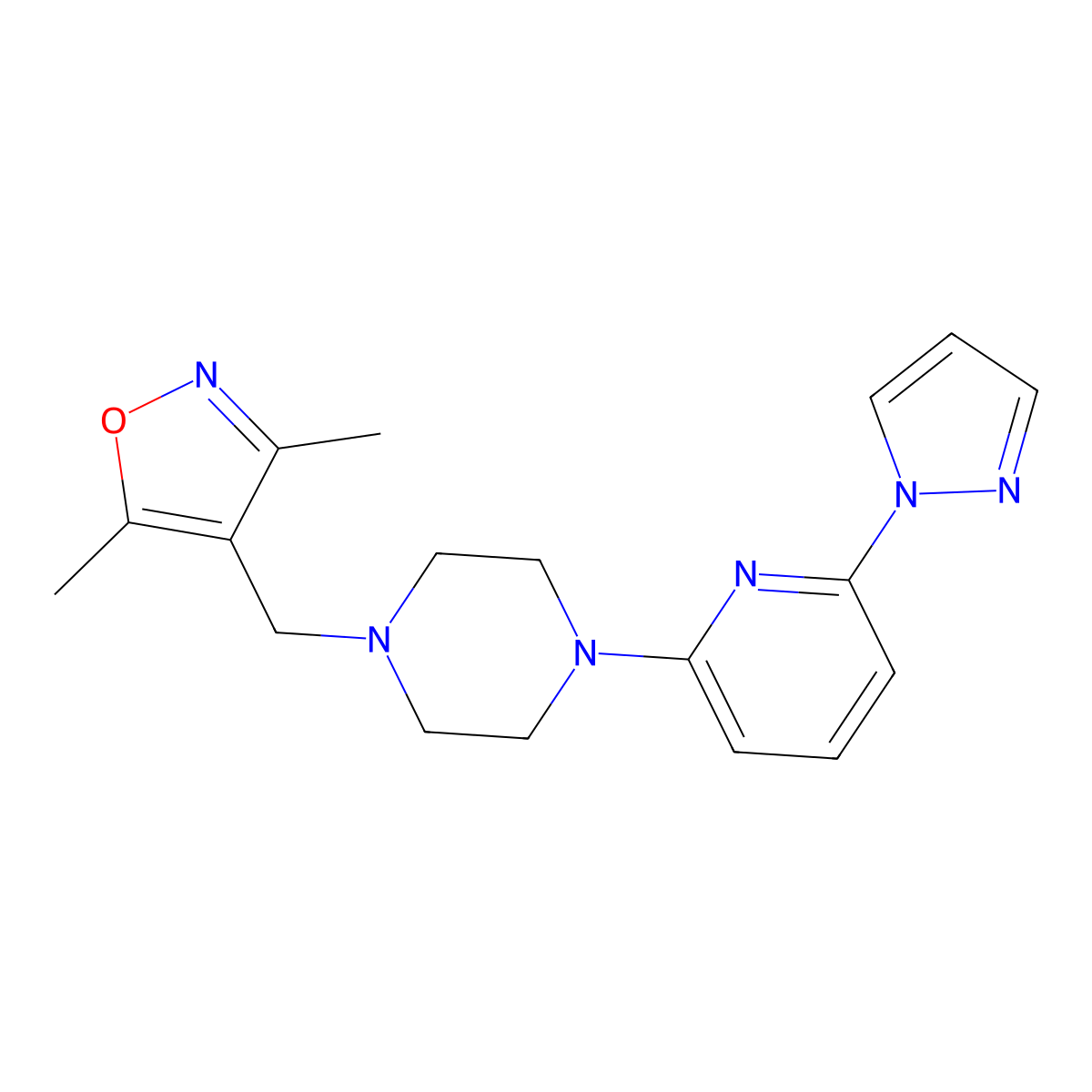1-[(3,5-dimethyl-1,2-oxazol-4-yl)methyl]-4-[6-(1H-pyrazol-1-yl)pyridin-2-yl]piperazine molecular structure, CAS 2770620-19-2