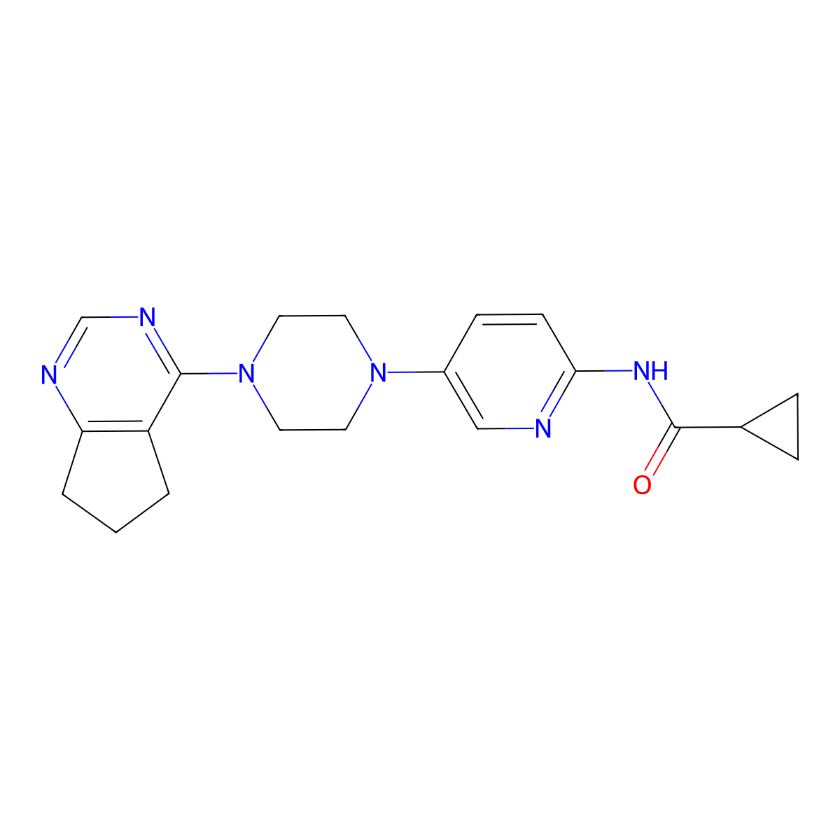 N-[5-(4-{5H,6H,7H-cyclopenta[d]pyrimidin-4-yl}piperazin-1-yl)pyridin-2-yl]cyclopropanecarboxamide molecular structure, CAS 2770620-23-8