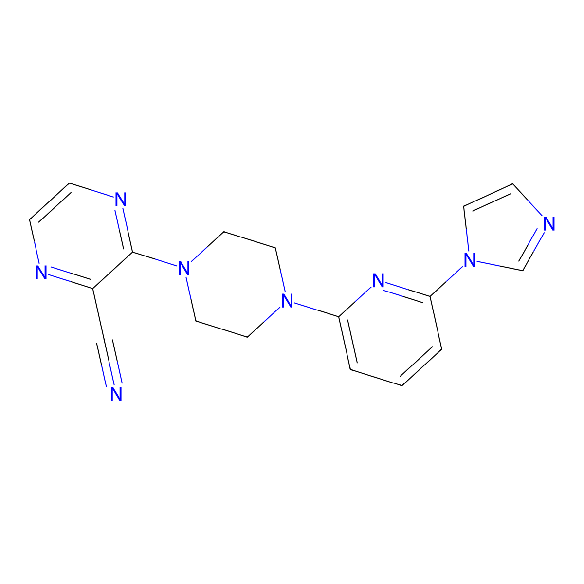3-{4-[6-(1H-imidazol-1-yl)pyridin-2-yl]piperazin-1-yl}pyrazine-2-carbonitrile molecular structure, CAS 2770620-25-0