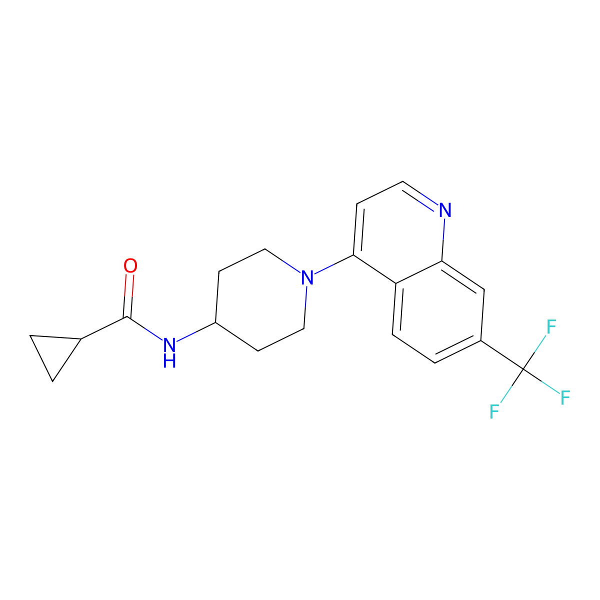 N-{1-[7-(trifluoromethyl)quinolin-4-yl]piperidin-4-yl}cyclopropanecarboxamide molecular structure, CAS 2770620-35-2
