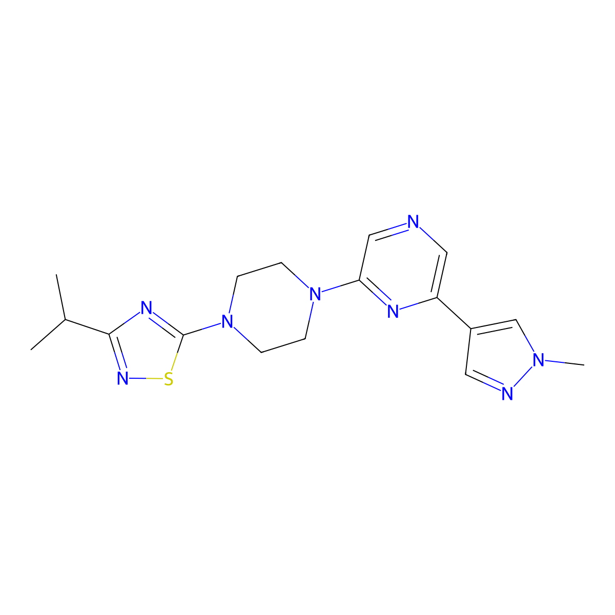 2-(1-methyl-1H-pyrazol-4-yl)-6-{4-[3-(propan-2-yl)-1,2,4-thiadiazol-5-yl]piperazin-1-yl}pyrazine molecular structure, CAS 2770620-42-1