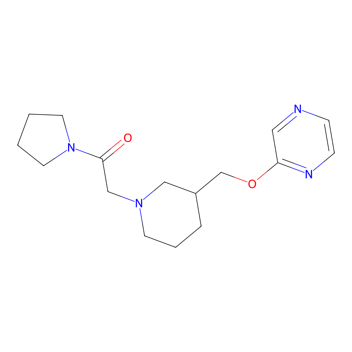 2-{3-[(Pyrazin-2-yloxy)methyl]piperidin-1-yl}-1-(pyrrolidin-1-yl)ethan-1-one molecular structure, CAS 2770620-76-1