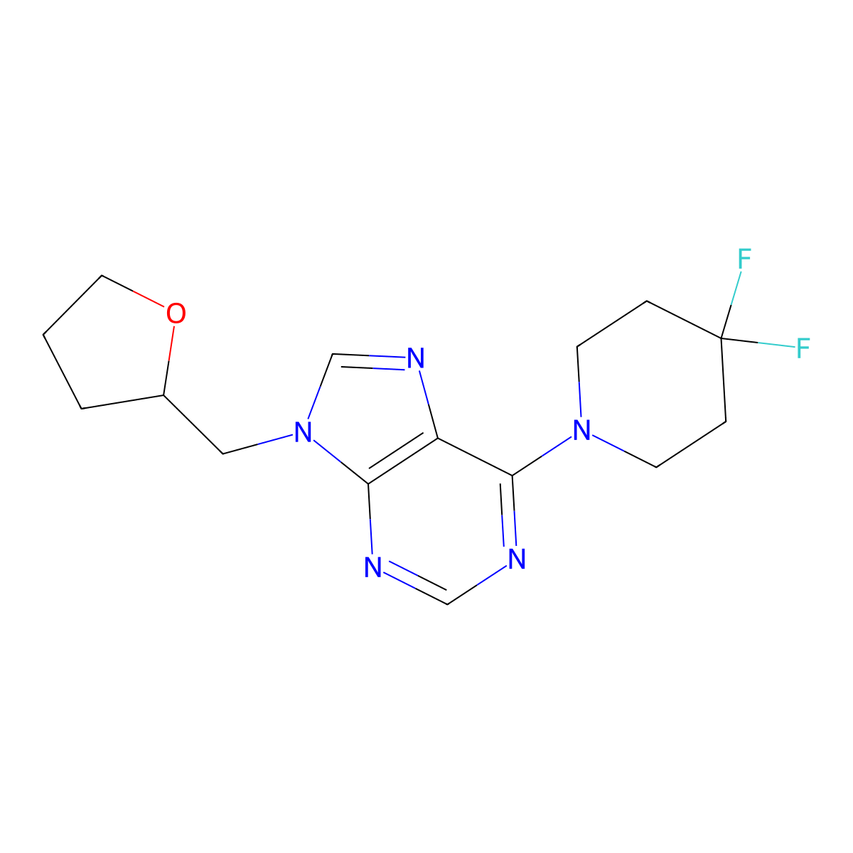 6-(4,4-difluoropiperidin-1-yl)-9-[(oxolan-2-yl)methyl]-9H-purine molecular structure, CAS 2770620-78-3