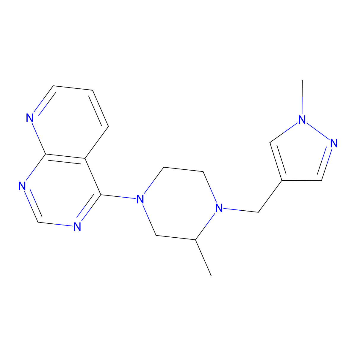 2-methyl-1-[(1-methyl-1H-pyrazol-4-yl)methyl]-4-{pyrido[2,3-d]pyrimidin-4-yl}piperazine molecular structure, CAS 2770620-84-1