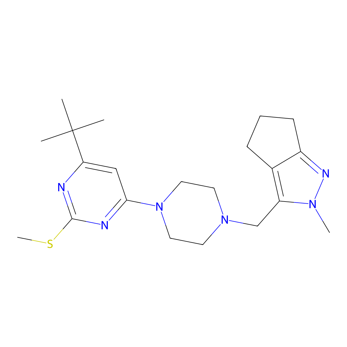 4-tert-butyl-6-[4-({2-methyl-2H,4H,5H,6H-cyclopenta[c]pyrazol-3-yl}methyl)piperazin-1-yl]-2-(methylsulfanyl)pyrimidine molecular structure, CAS 2770620-88-5