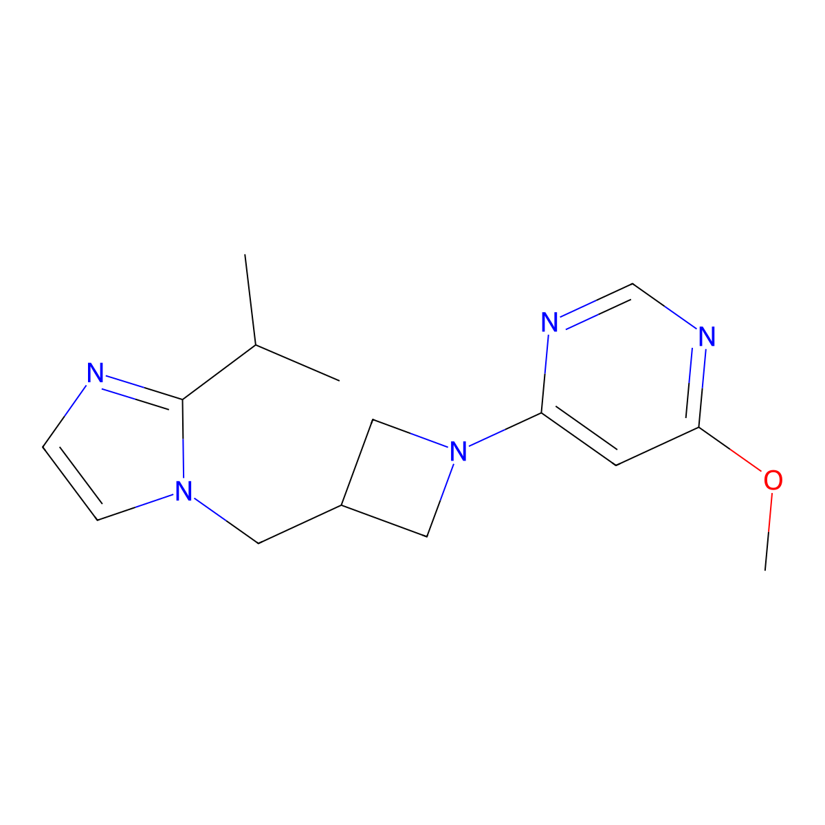 4-methoxy-6-(3-{[2-(propan-2-yl)-1H-imidazol-1-yl]methyl}azetidin-1-yl)pyrimidine molecular structure, CAS 2770620-95-4