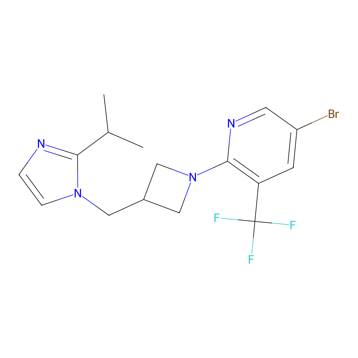 5-bromo-2-(3-{[2-(propan-2-yl)-1H-imidazol-1-yl]methyl}azetidin-1-yl)-3-(trifluoromethyl)pyridine molecular structure, CAS 2770620-98-7