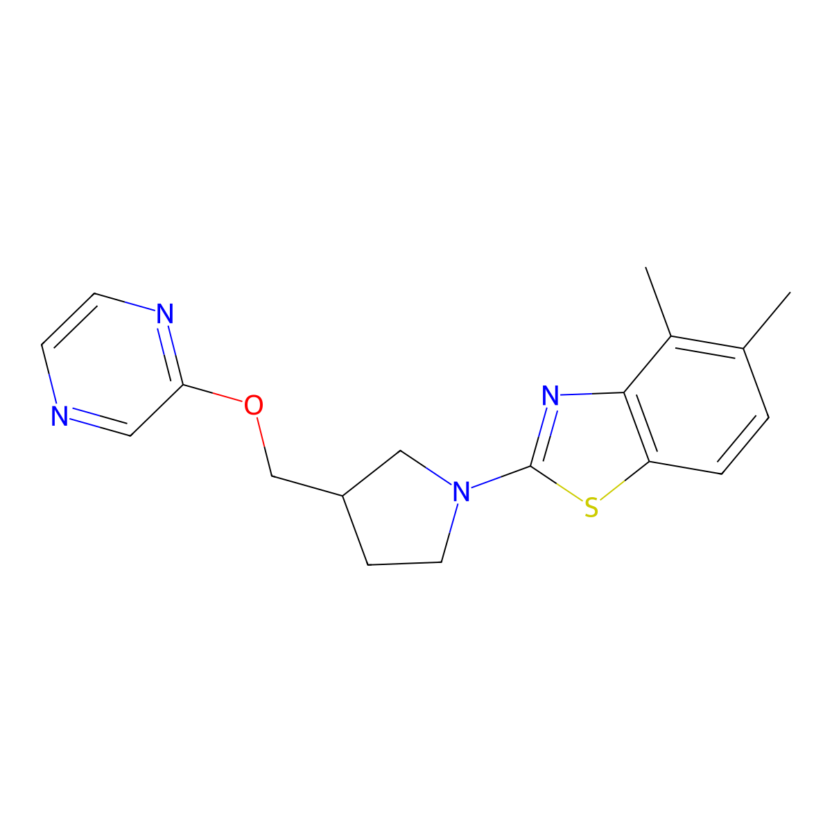 4,5-Dimethyl-2-{3-[(pyrazin-2-yloxy)methyl]pyrrolidin-1-yl}-1,3-benzothiazole molecular structure, CAS 2770621-03-7