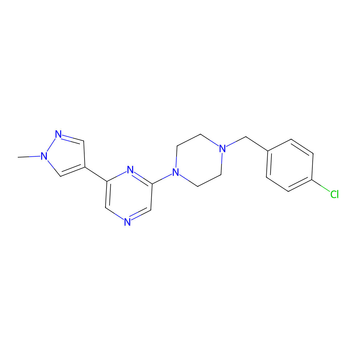2-{4-[(4-chlorophenyl)methyl]piperazin-1-yl}-6-(1-methyl-1H-pyrazol-4-yl)pyrazine molecular structure, CAS 2770621-04-8