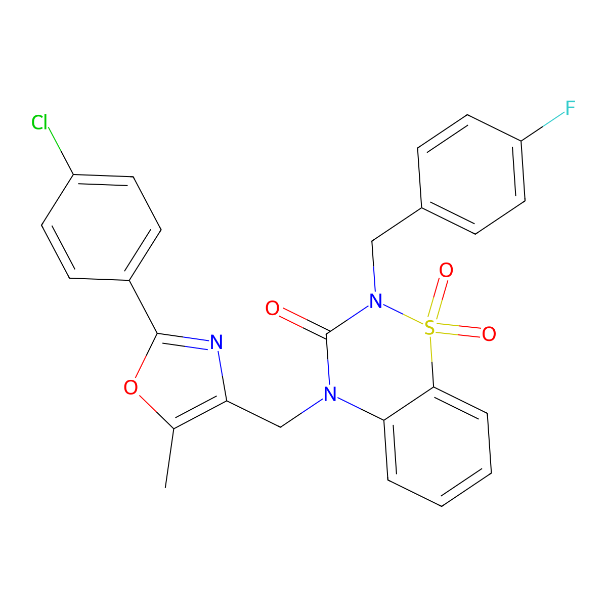 4-[[2-(4-Chlorophenyl)-5-methyl-1,3-oxazol-4-yl]methyl]-2-[(4-fluorophenyl)methyl]-1,1-dioxo-1lambda6,2,4-benzothiadiazin-3-one molecular structure, CAS 2770621-06-0