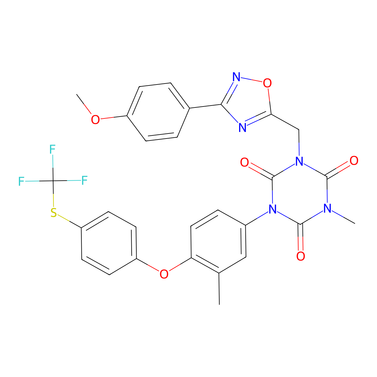 1-{[3-(4-Methoxyphenyl)-1,2,4-oxadiazol-5-yl]methyl}-3-methyl-5-(3-methyl-4-{4-[(trifluoromethyl)sulfanyl]phenoxy}phenyl)-1,3,5-triazinane-2,4,6-trione molecular structure, CAS 2770621-07-1