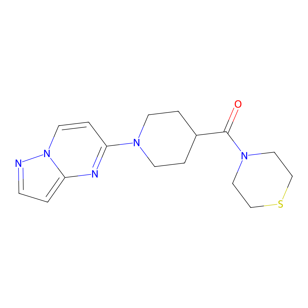 4-(1-{Pyrazolo[1,5-a]pyrimidin-5-yl}piperidine-4-carbonyl)thiomorpholine molecular structure, CAS 2770621-09-3