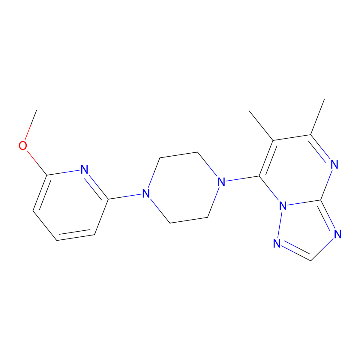 1-{5,6-Dimethyl-[1,2,4]triazolo[1,5-a]pyrimidin-7-yl}-4-(6-methoxypyridin-2-yl)piperazine molecular structure, CAS 2770621-12-8