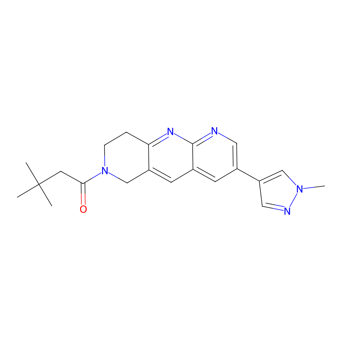3,3-dimethyl-1-[3-(1-methylpyrazol-4-yl)-8,9-dihydro-6H-pyrido[4,3-b][1,8]naphthyridin-7-yl]butan-1-one molecular structure, CAS 2770621-13-9