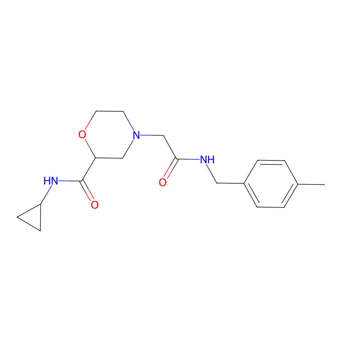 N-cyclopropyl-4-({[(4-methylphenyl)methyl]carbamoyl}methyl)morpholine-2-carboxamide molecular structure, CAS 2770621-22-0