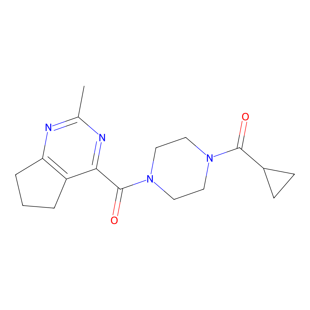 1-cyclopropanecarbonyl-4-{2-methyl-5H,6H,7H-cyclopenta[d]pyrimidine-4-carbonyl}piperazine molecular structure, CAS 2770621-25-3