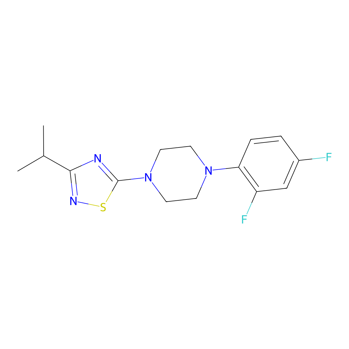 1-(2,4-Difluorophenyl)-4-[3-(propan-2-yl)-1,2,4-thiadiazol-5-yl]piperazine molecular structure, CAS 2770621-28-6