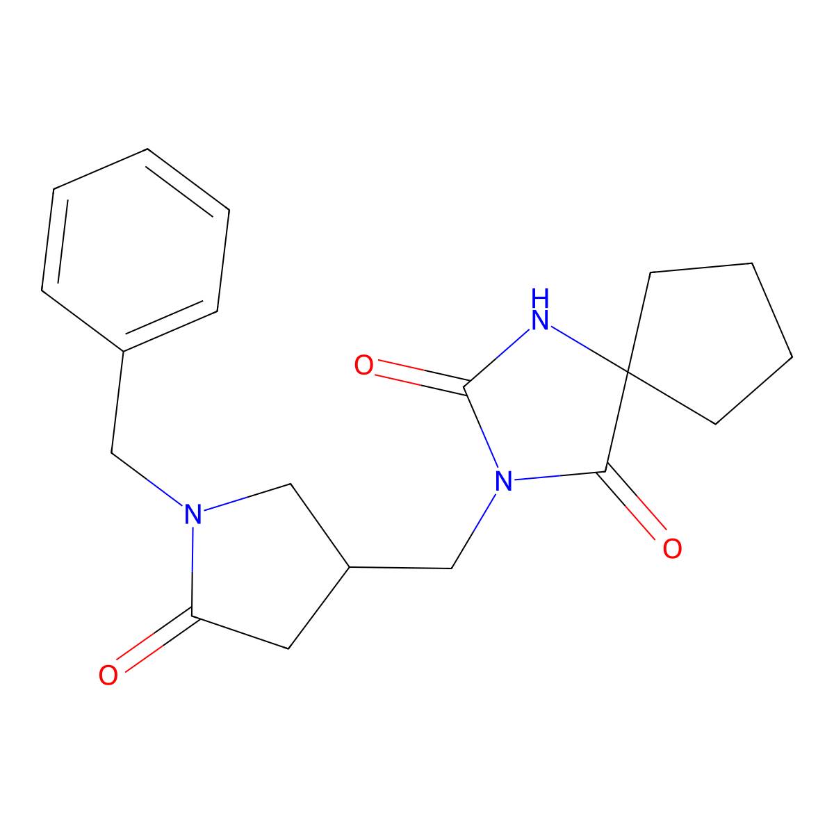 3-[(1-Benzyl-5-oxopyrrolidin-3-yl)methyl]-1,3-diazaspiro[4.4]nonane-2,4-dione molecular structure, CAS 2770621-31-1