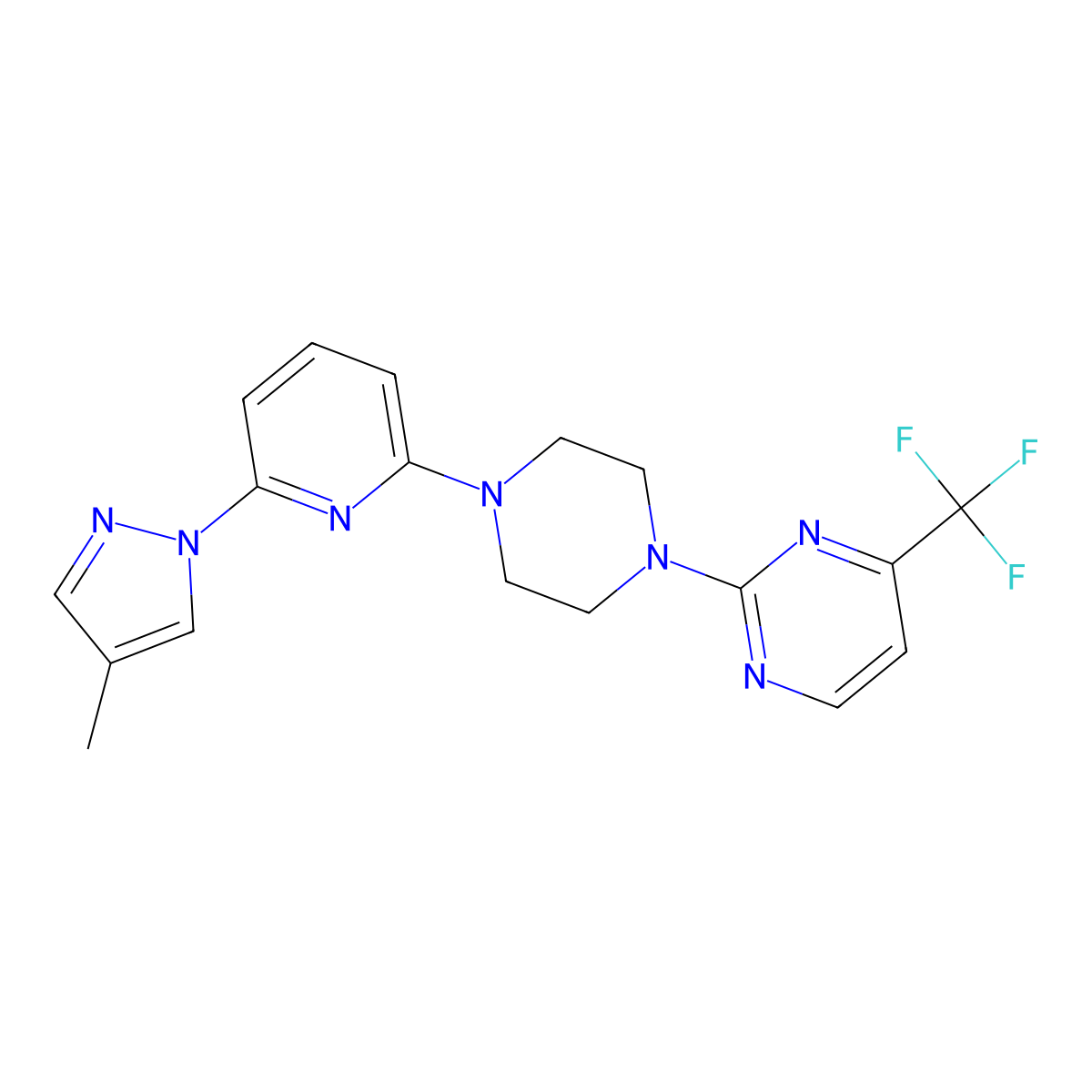 2-{4-[6-(4-methyl-1H-pyrazol-1-yl)pyridin-2-yl]piperazin-1-yl}-4-(trifluoromethyl)pyrimidine molecular structure, CAS 2770621-36-6