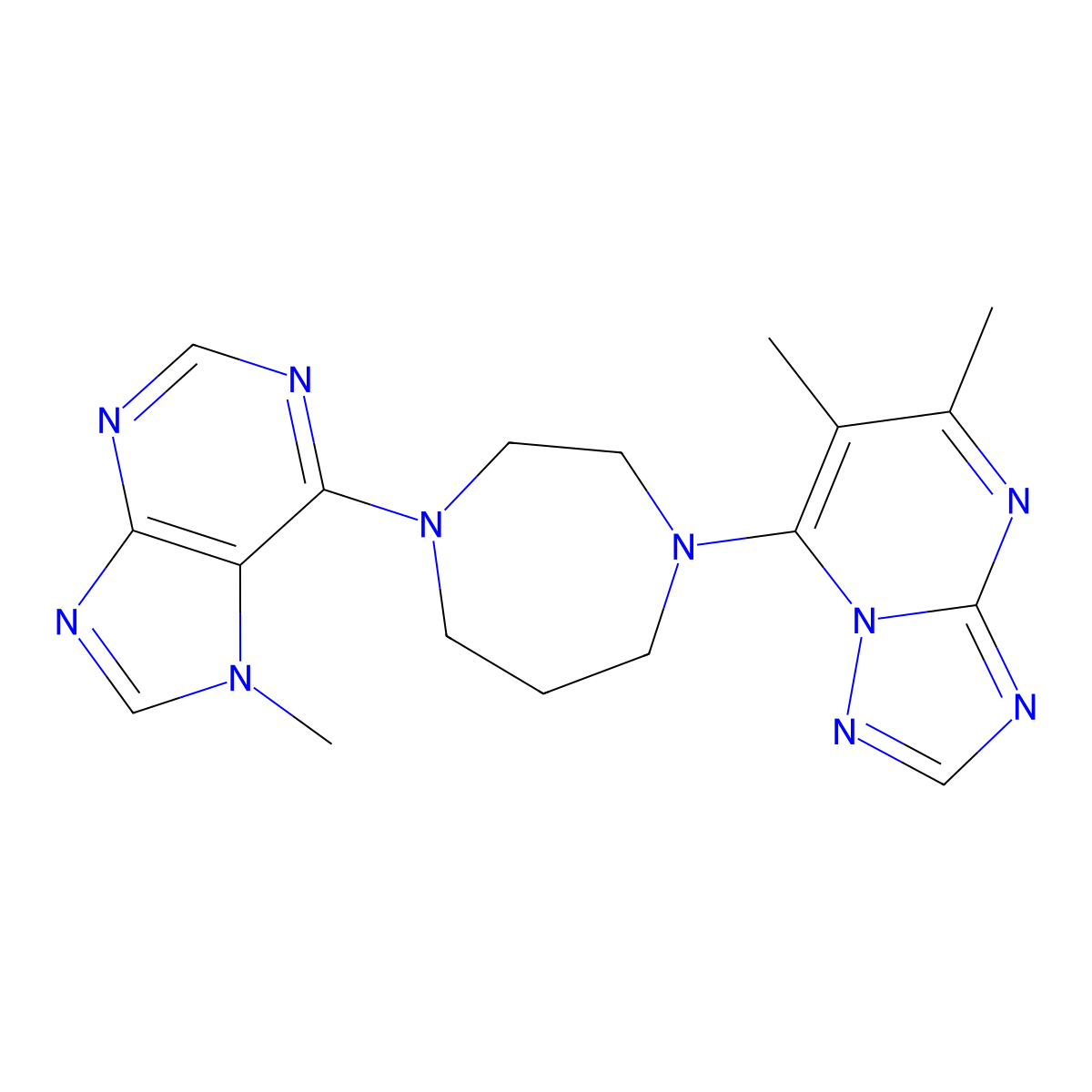 6-(4-{5,6-dimethyl-[1,2,4]triazolo[1,5-a]pyrimidin-7-yl}-1,4-diazepan-1-yl)-7-methyl-7H-purine molecular structure, CAS 2770621-44-6