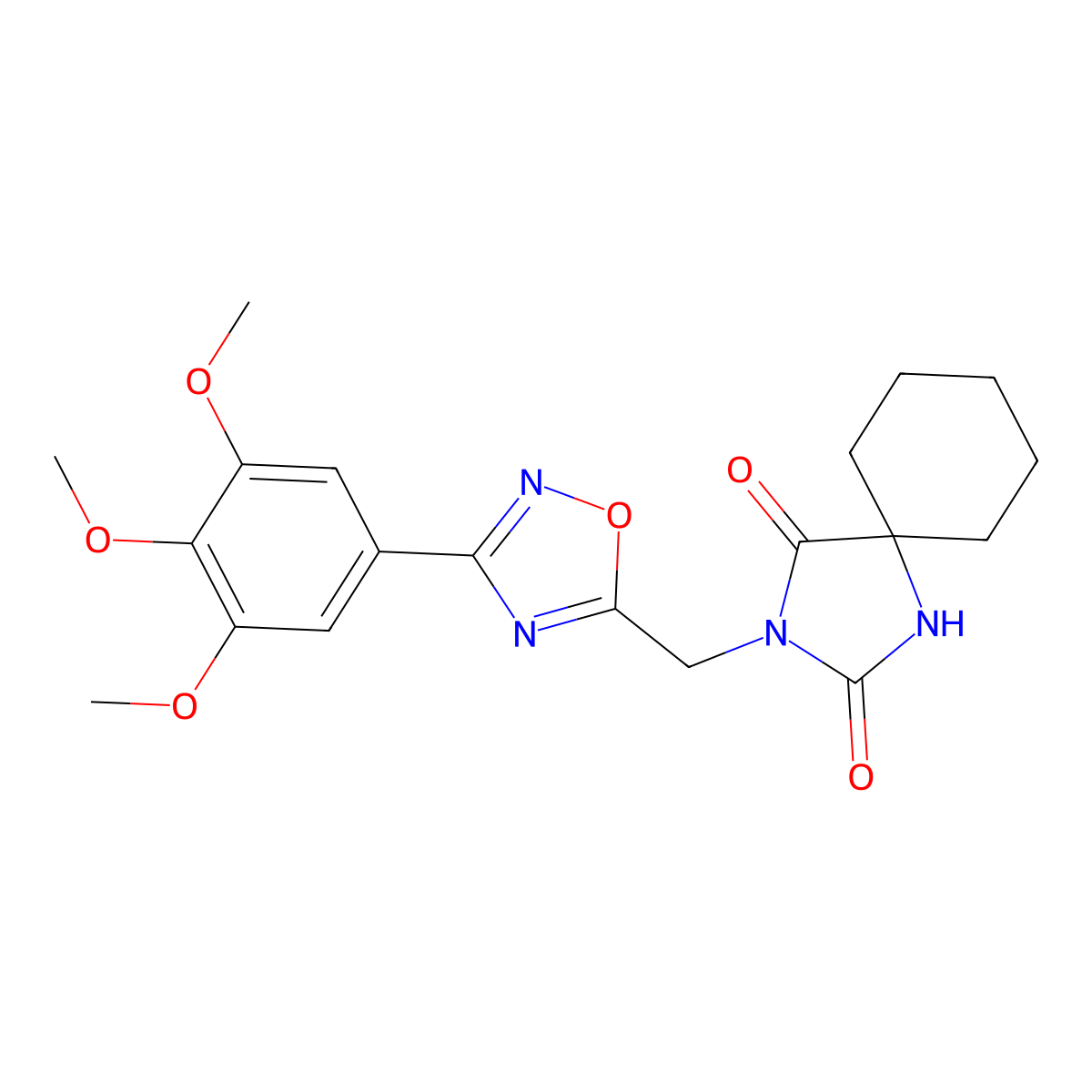 3-{[3-(3,4,5-Trimethoxyphenyl)-1,2,4-oxadiazol-5-yl]methyl}-1,3-diazaspiro[4.5]decane-2,4-dione molecular structure, CAS 2770621-45-7