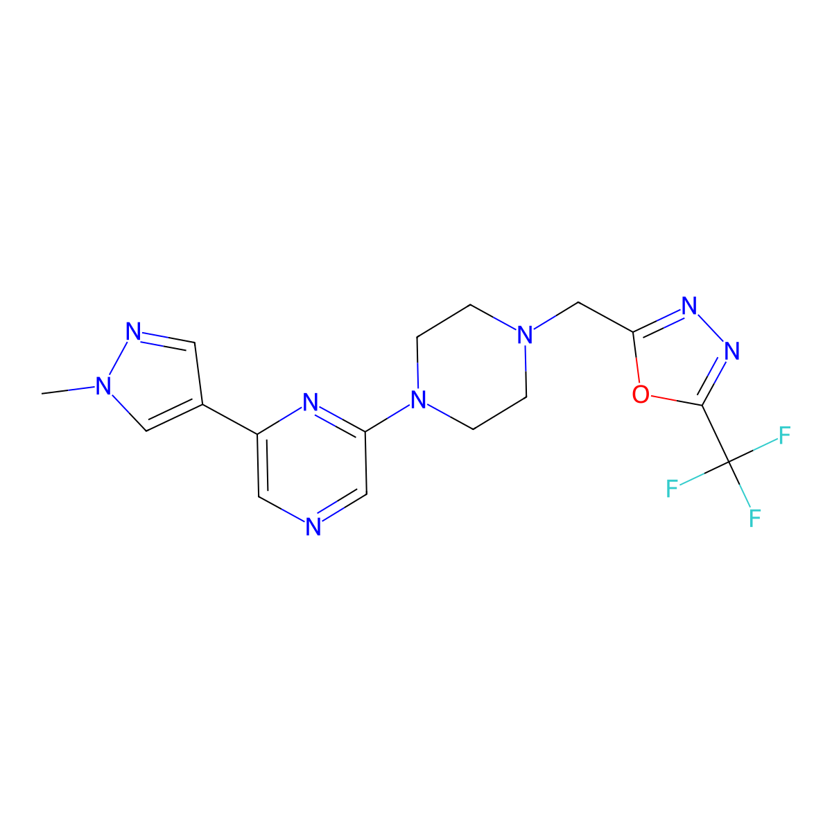 2-(1-methyl-1H-pyrazol-4-yl)-6-(4-{[5-(trifluoromethyl)-1,3,4-oxadiazol-2-yl]methyl}piperazin-1-yl)pyrazine molecular structure, CAS 2770621-50-4