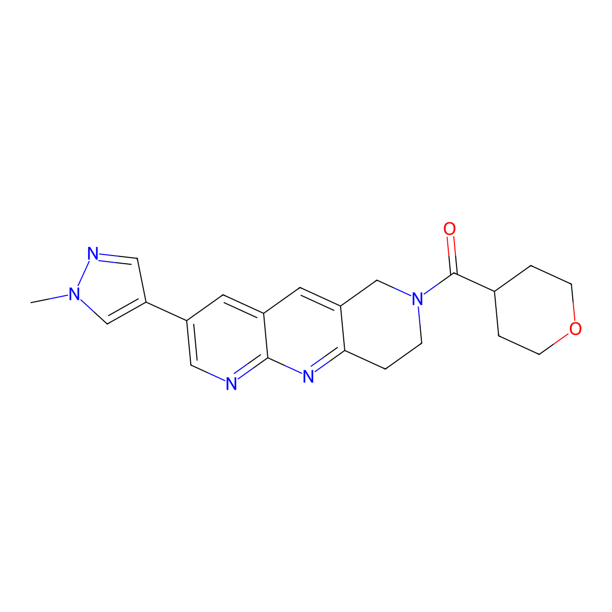 1-methyl-4-[7-(oxane-4-carbonyl)-6H,7H,8H,9H-pyrido[2,3-b]1,6-naphthyridin-3-yl]-1H-pyrazole molecular structure, CAS 2770621-61-7