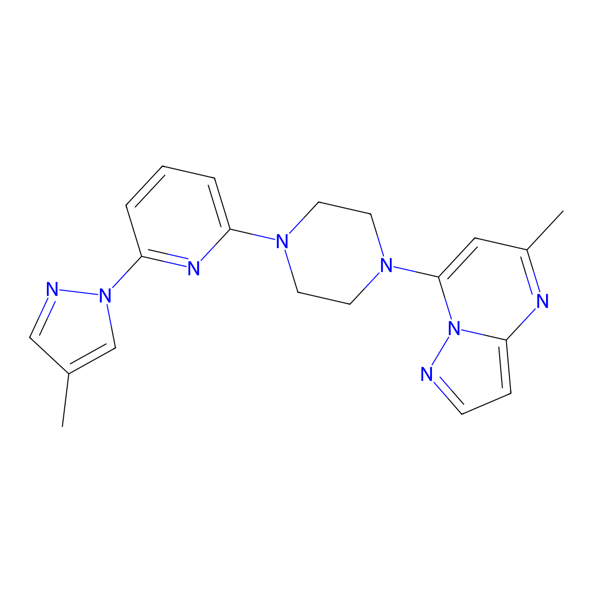 1-[6-(4-methyl-1H-pyrazol-1-yl)pyridin-2-yl]-4-{5-methylpyrazolo[1,5-a]pyrimidin-7-yl}piperazine molecular structure, CAS 2770621-63-9