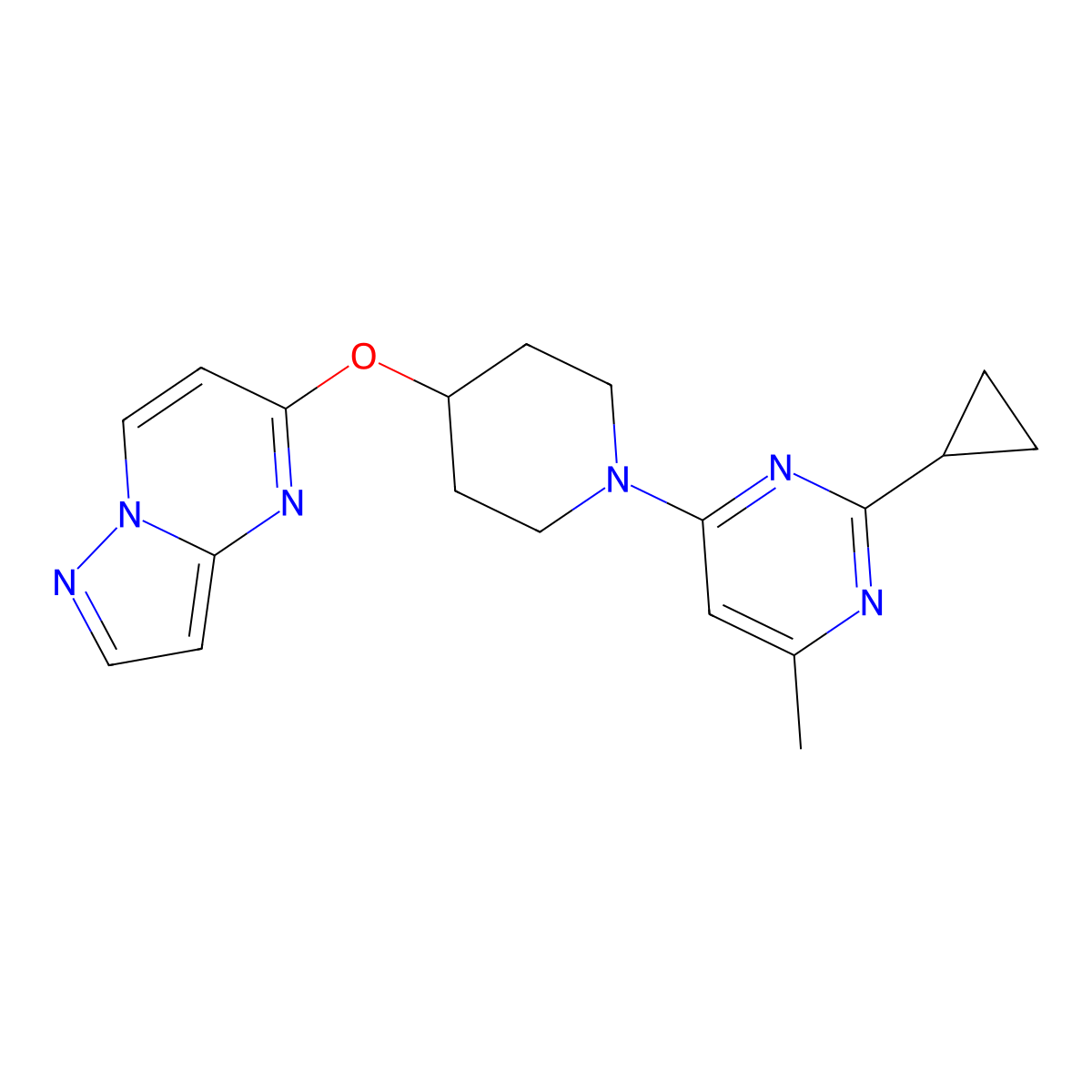 2-Cyclopropyl-4-methyl-6-(4-{pyrazolo[1,5-a]pyrimidin-5-yloxy}piperidin-1-yl)pyrimidine molecular structure, CAS 2770621-72-0