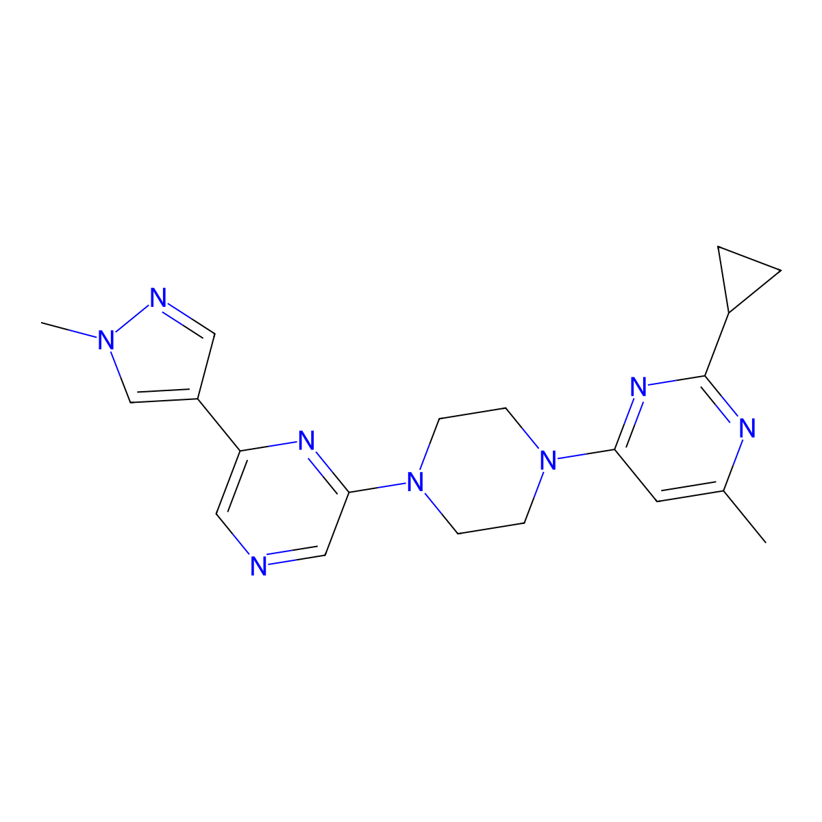 2-cyclopropyl-4-methyl-6-{4-[6-(1-methyl-1H-pyrazol-4-yl)pyrazin-2-yl]piperazin-1-yl}pyrimidine molecular structure, CAS 2770621-77-5