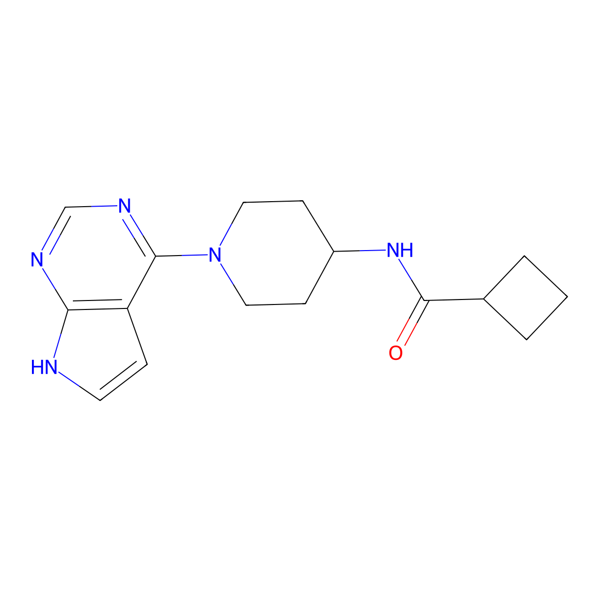N-(1-{7H-pyrrolo[2,3-d]pyrimidin-4-yl}piperidin-4-yl)cyclobutanecarboxamide molecular structure, CAS 2770621-78-6